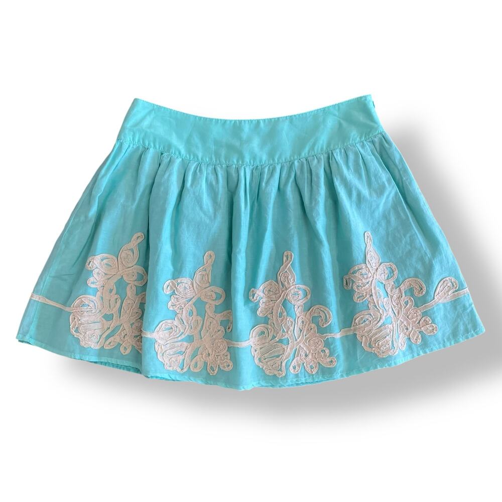Theme women’s light blue embroidered ruffled silk cotton mini skirt size Large‎